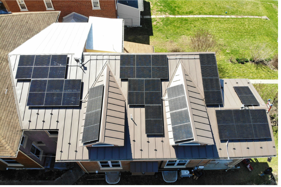 solar panels laid out in various horizontal and vertical patterns to match unique roof layout