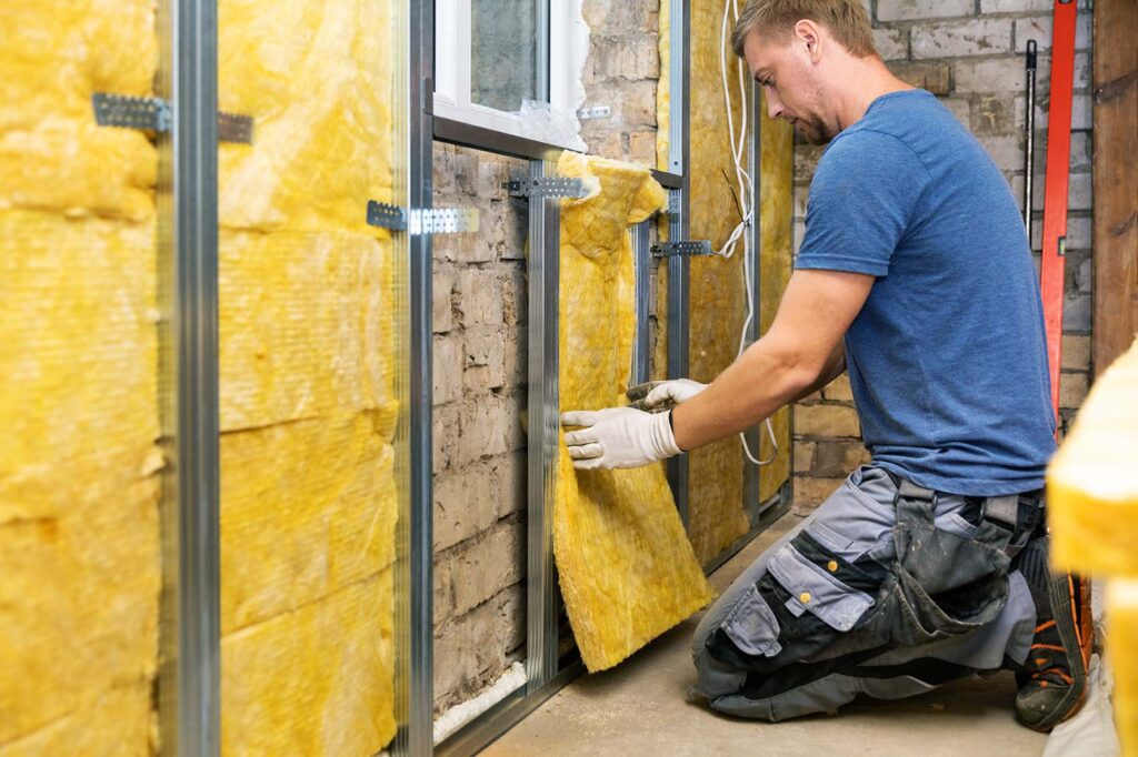 man adding insulation in home's basement