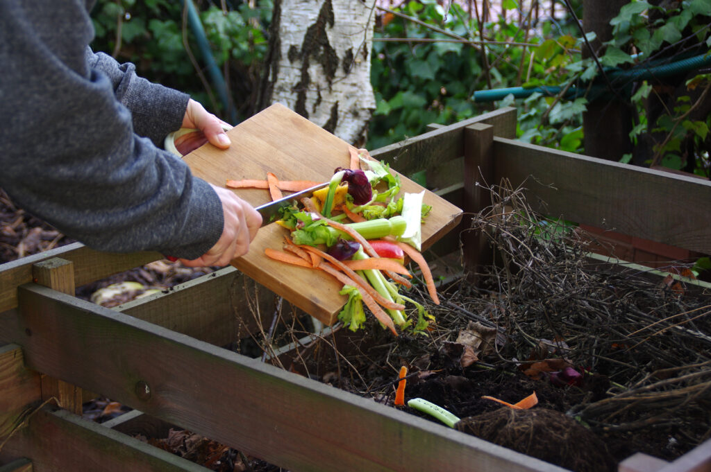 man putting vegetables in composting bin