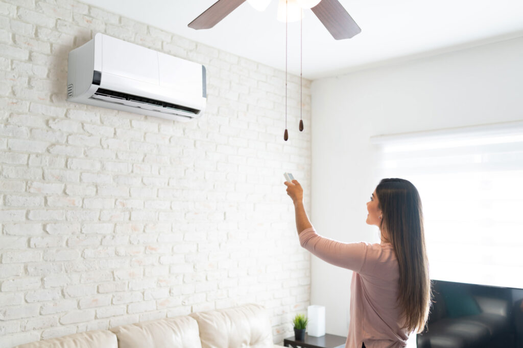 woman standing by mini split in net zero home