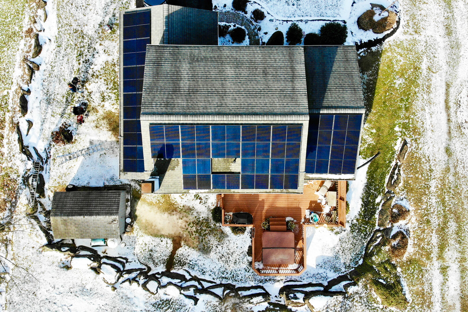 aerial view of solar panel array of home in PA