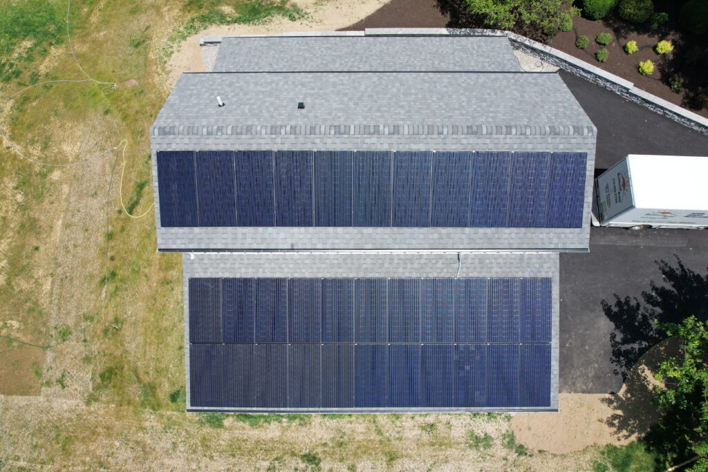 Drone image of 13.53kW solar panels on garage in Bernville, PA