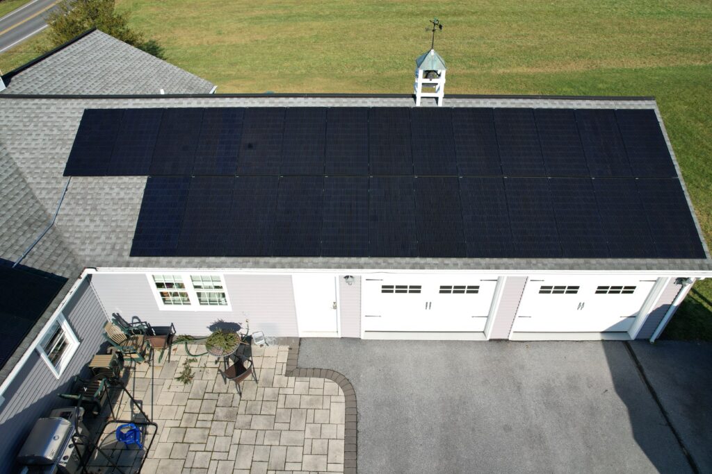Drone image of 14.76 kW solar panels on home in Denver, PA