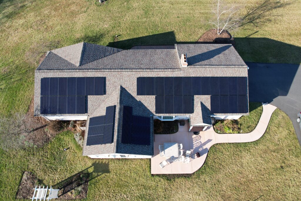 Drone image of house roof with 17.22 kW solar panels in Telford, PA