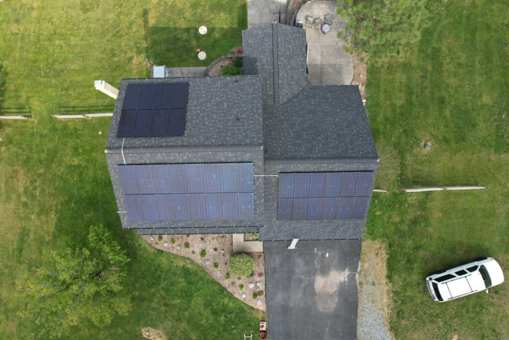 birds eye view image of new solar panels on a house in New Providence PA