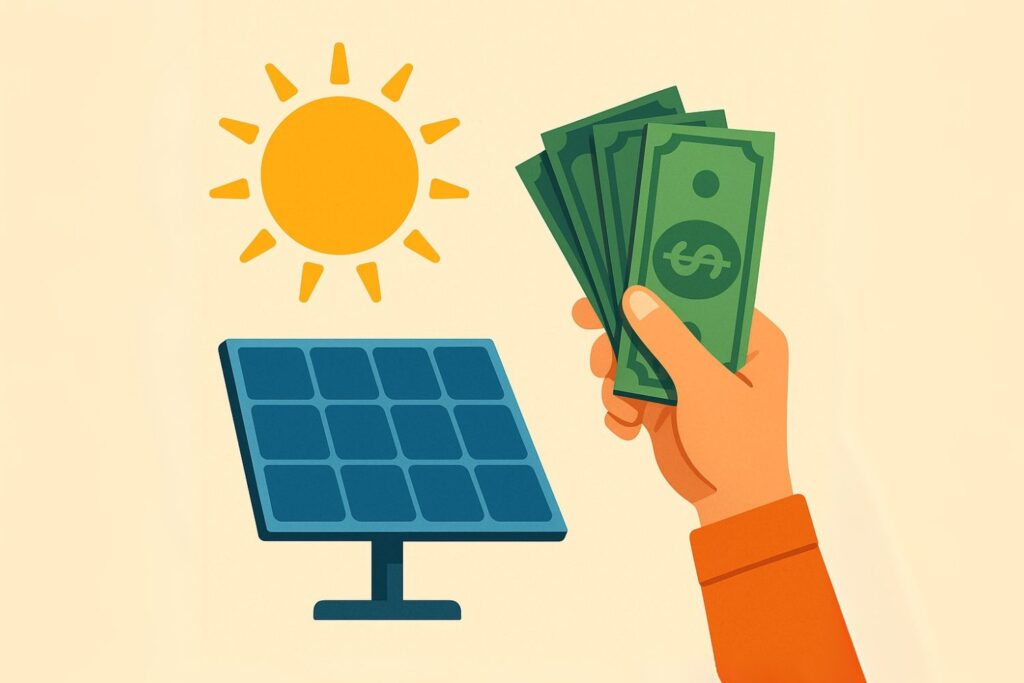 Is going solar still worth it without the solar tax credit? View of sun, solar panel, and cash in hand